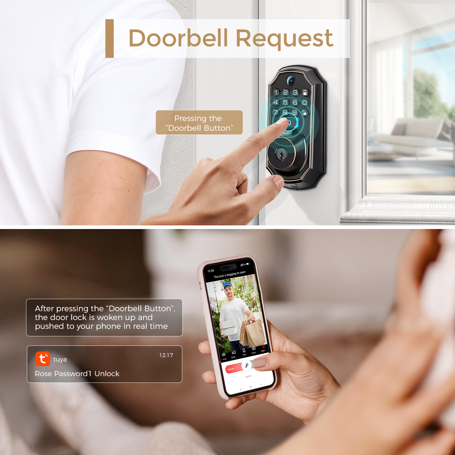 Arpha D289 2025 Tuya Wifi Smart Wood Door Lock Fingerprint Doorbell Remote Unlock Keyless Entry Deadbolt Smart Lock Camera