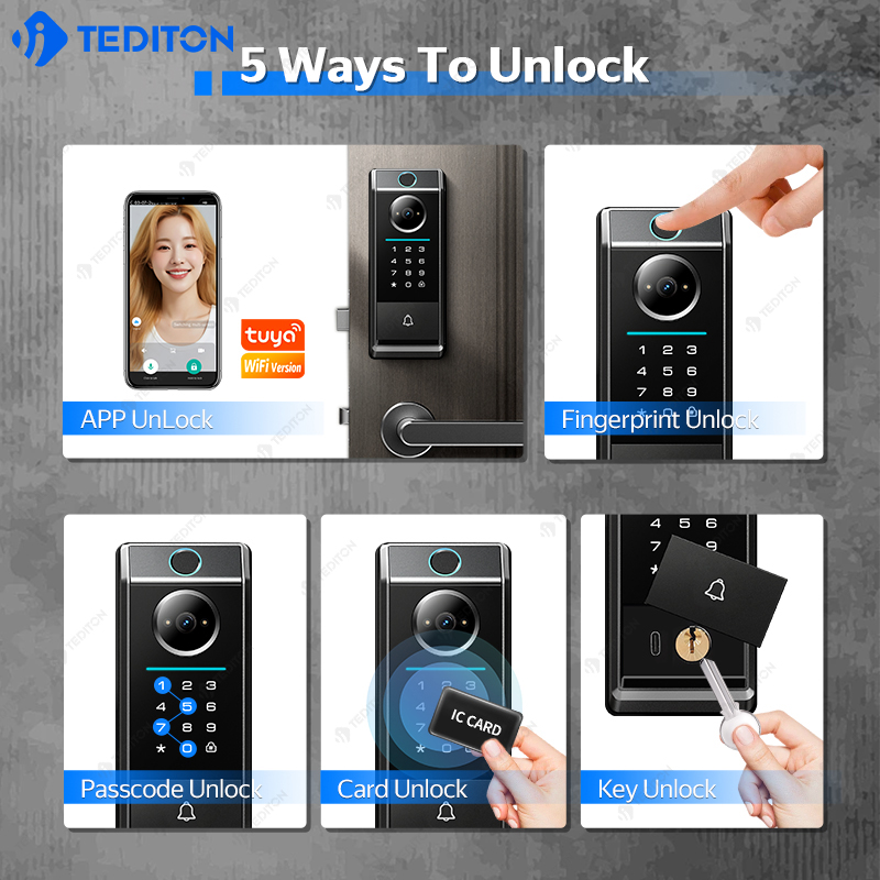 Tediton Video Intercom Tuya Wifi Cerradura Inteligente Digital Fingerprint Smart Door Deadbolt Lock With Camera
