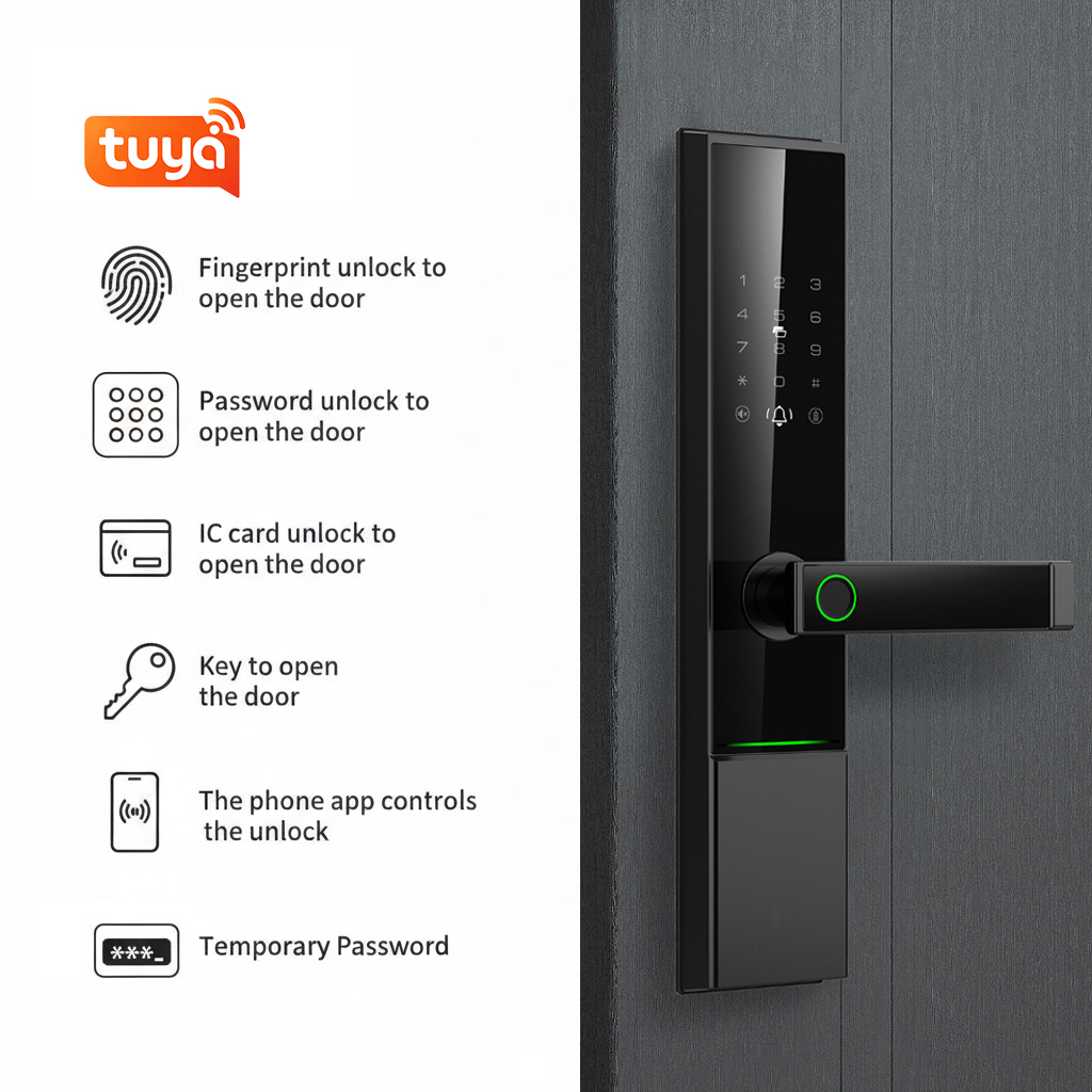 Matte Black Fingerprint Lock Tuya WiFi Smart Door Lock Aluminum Alloy Keyless Entry TTlock Bluetoo Cloud Memory Card Home