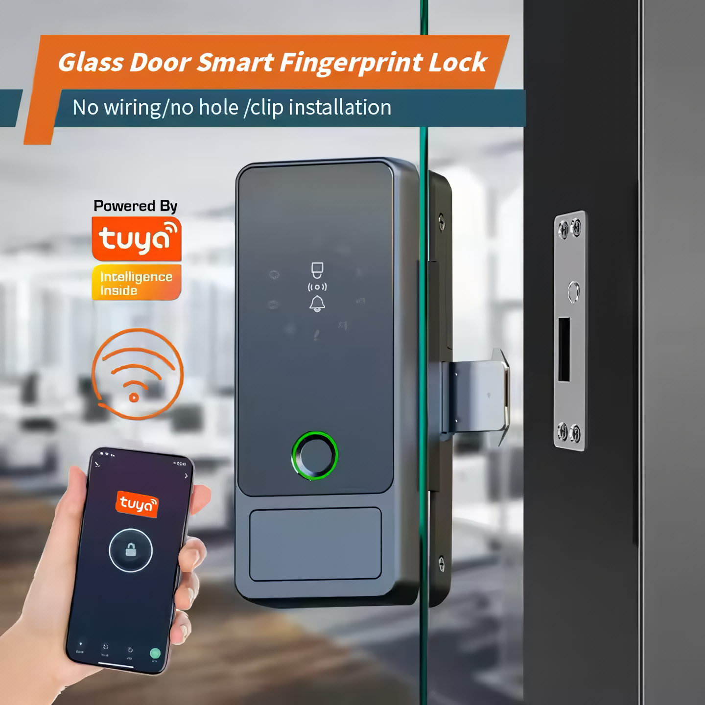 Drill Free Tuya Biometric Fingerprint Door Lock with Key Card for Office Glass Push Sliding Door Lock Access Control