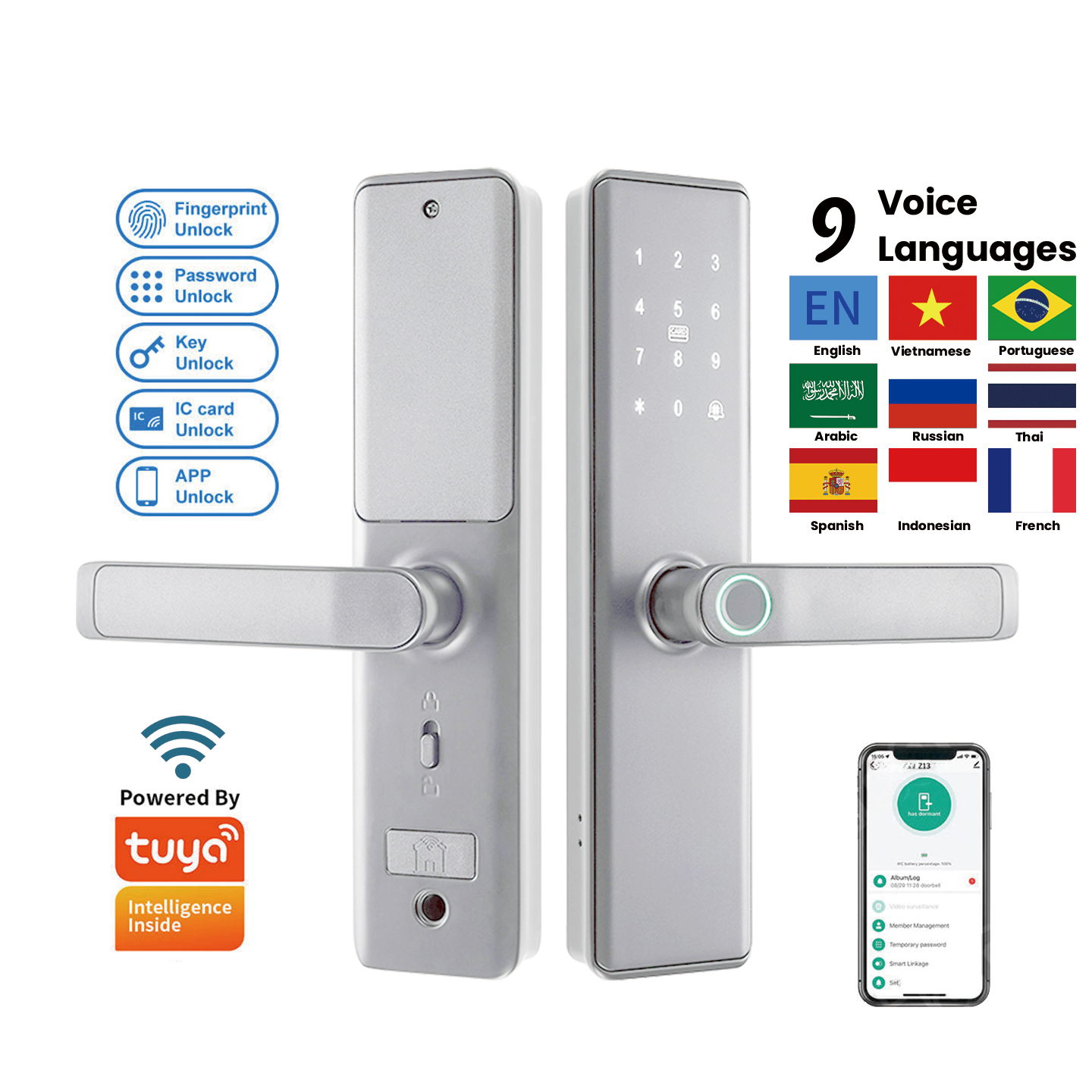 Deadbolt Tuya TTLock APP Wifi Bluetooth Password Card Fingerprint Scan Smart Wooden Door Handle White Lock for Home Office Hotel