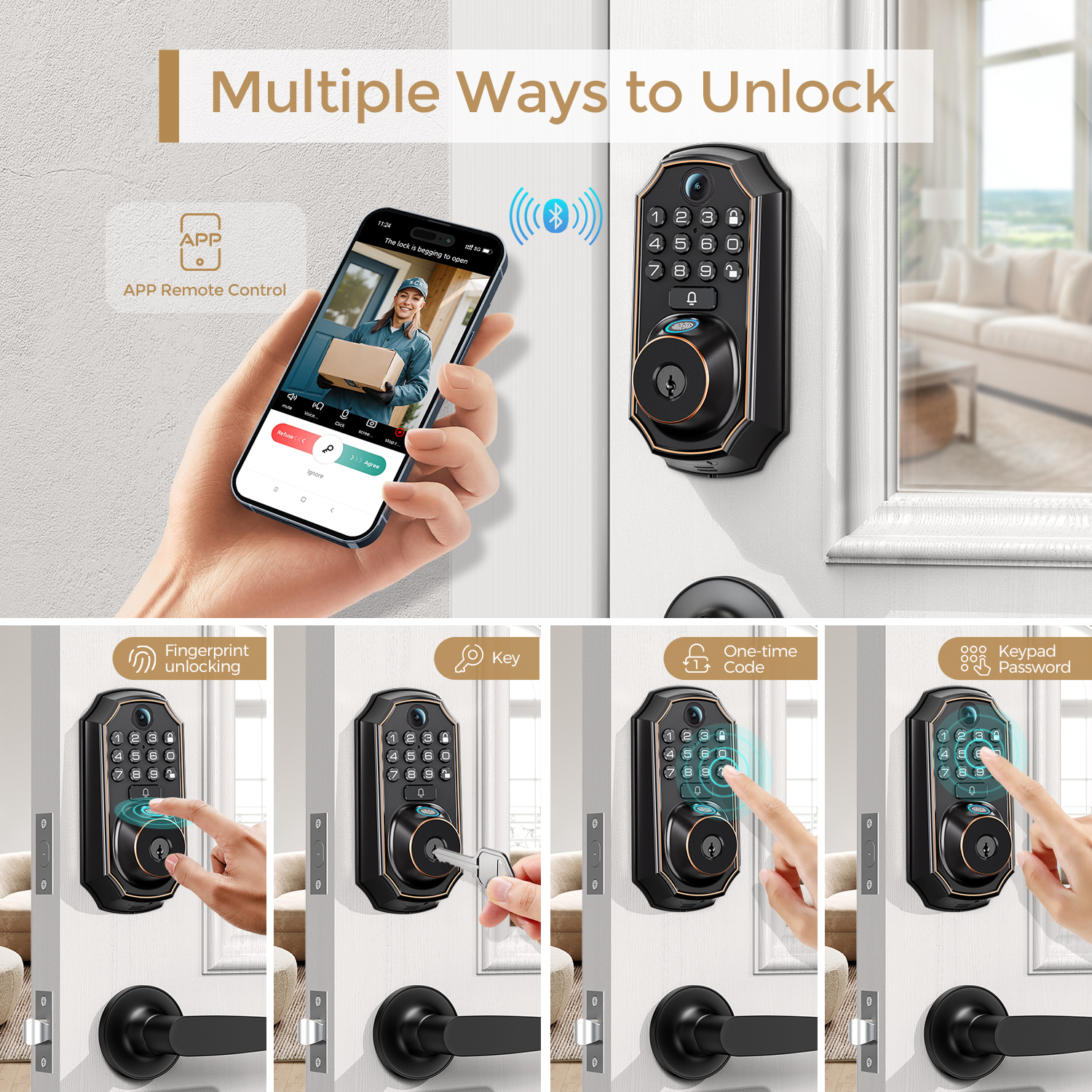 Arpha D289 2025 Tuya Wifi Smart Wood Door Lock Fingerprint Doorbell Remote Unlock Keyless Entry Deadbolt Smart Lock Camera