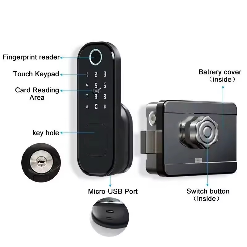 S812 Smart Electric Rim Door Lock with Tuya APP Control WiFi Outdoor Gate Door Double Sided Fingerprint Smart Lock