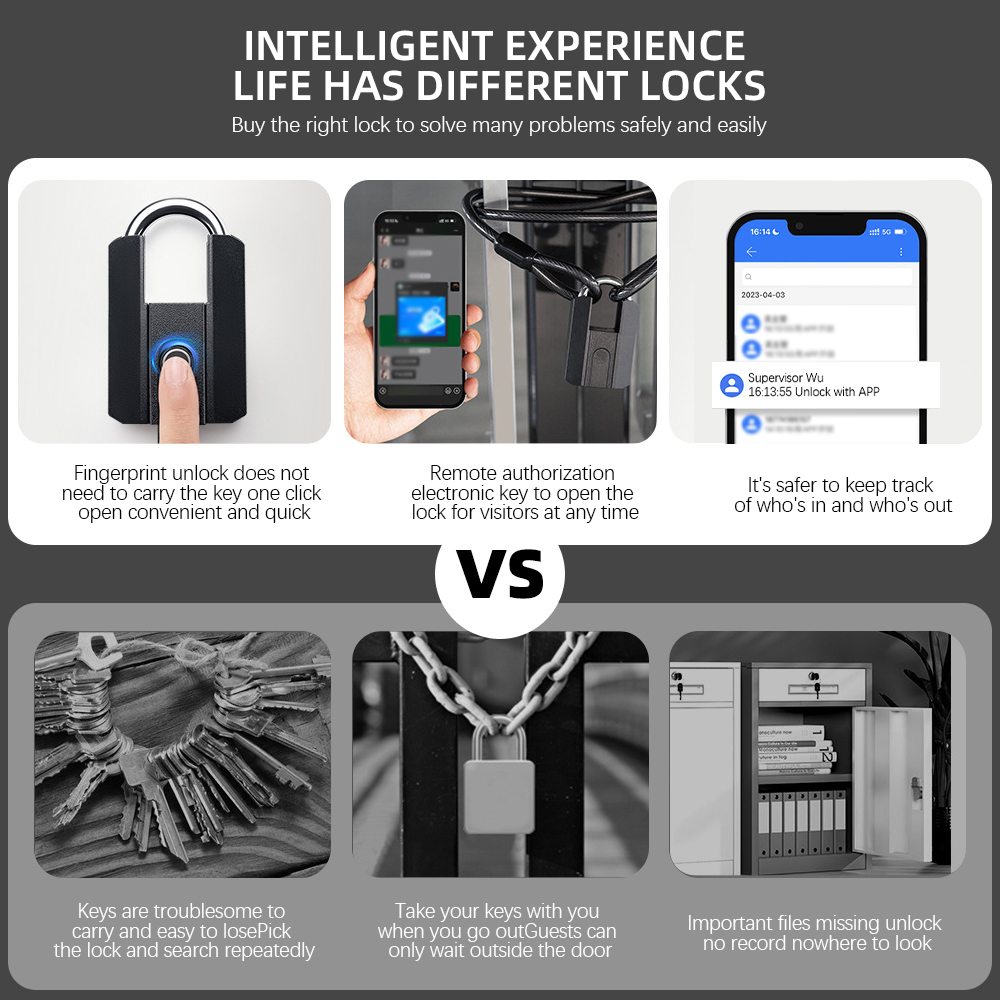 Wholesale IP67 Waterproof TT LOCK App Blue-tooth Biometric Fingerprint Storage Smart Padlock with Key for Gym