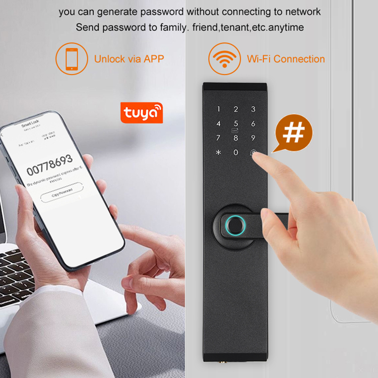 Wifi Tuya Smart APP Control Digital Fingerprint Code Card Unlock Semi Automatic Smart Door Lock for Smart Home