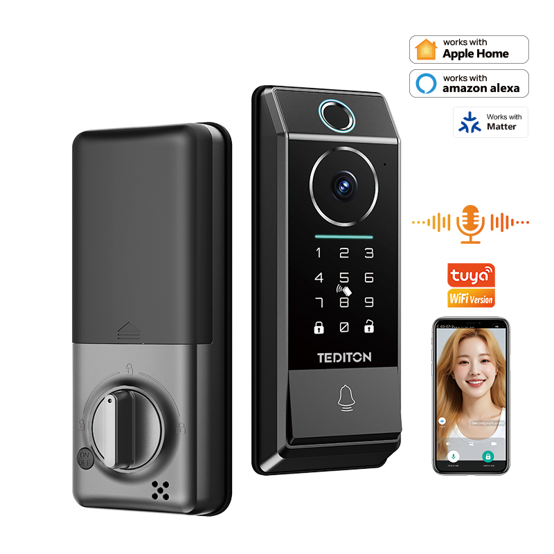 Tediton Video Intercom Tuya Wifi Cerradura Inteligente Digital Fingerprint Smart Door Deadbolt Lock With Camera