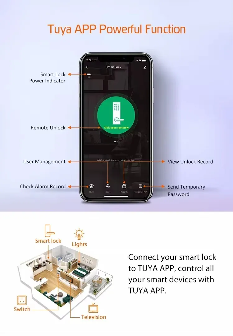 S812 Smart Electric Rim Door Lock with Tuya APP Control WiFi Outdoor Gate Door Double Sided Fingerprint Smart Lock