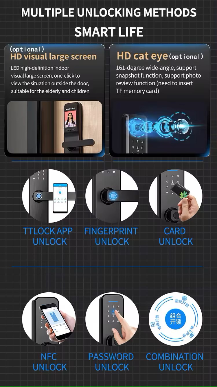 Factory Wholesale Tuya Smart Cat's Eye Lock Fingerprint &amp; Password Deadbolt WiFi Connected Smart Door Lock
