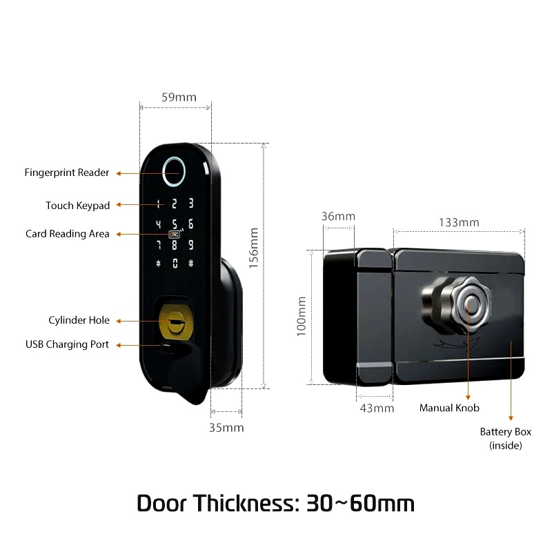 Security Anti-Theft Fingerprint Password Tuya APP Smart Rim Lock Door Locks