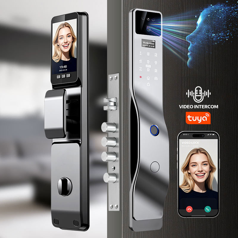 Digital Smart Doorbell with Camera Tuya Face Fingerprint Unlock 6068 Mortise Residential Smart Door Lock with Screen for Aluminum/Wood Doors