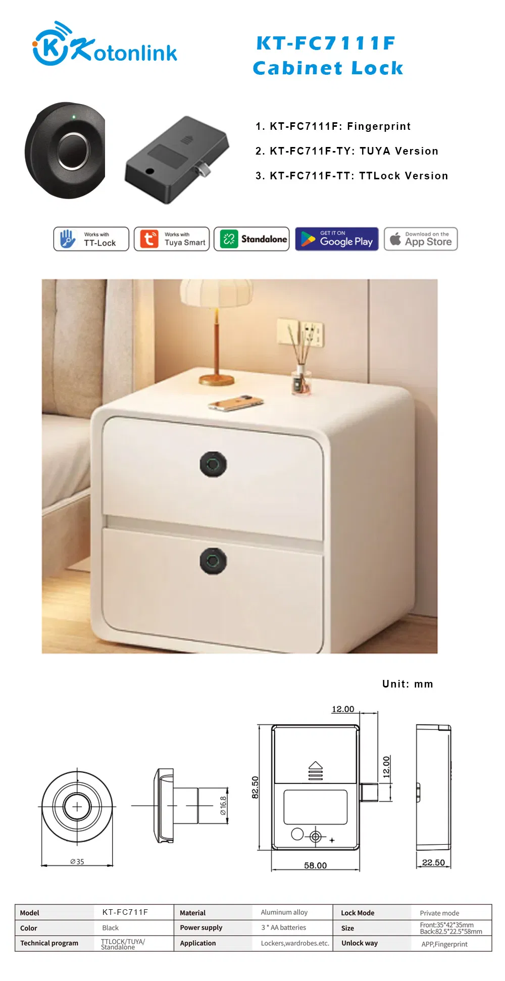 Fingerprint Cabinet Lock Works with Tuya & Ttlock APP Standalone Smart Locker Lock for Home/Office/Wardrobe
