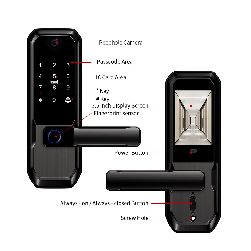 American-style Smart Door Lock One-Hand-Grip Unlock Deadbolt Visual Peephole Graffiti Wi-Fi Active Intercom Fingerprint Wooden