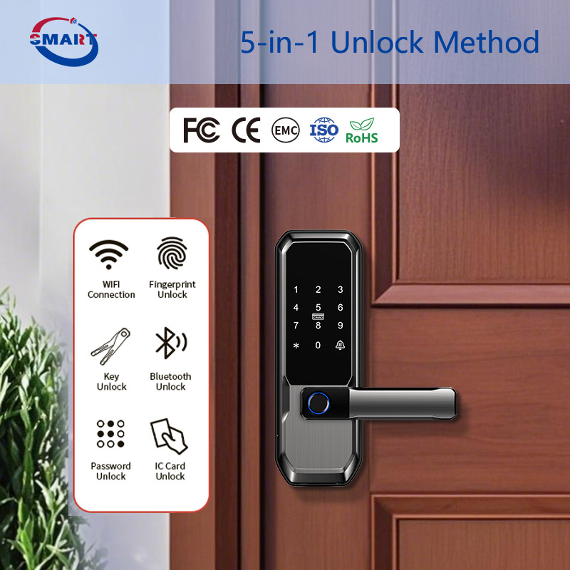 Fingerprint Keyless Entry Door Lock With Handle Card Tuya Password Security Smart Deadbolt Door Lock