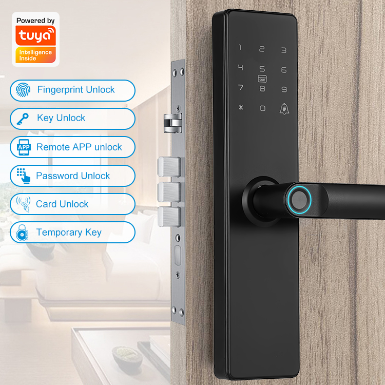 Factory Wholesale Tuya Smart Fingerprint Door Lock Password Card Key Unlock Active Security Alarm Wi-Fi Steel Brass Door Cloud
