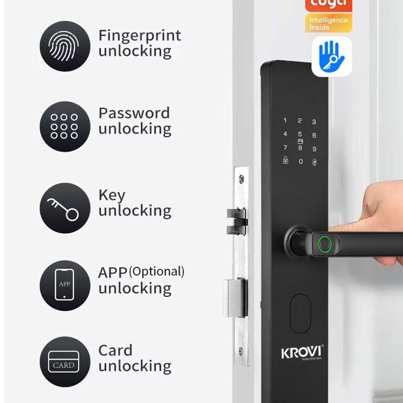 Hot Selling Aluminum Door Black Fingerprint RFID Smart Electric Lock with Card Memory and Tuya App Control