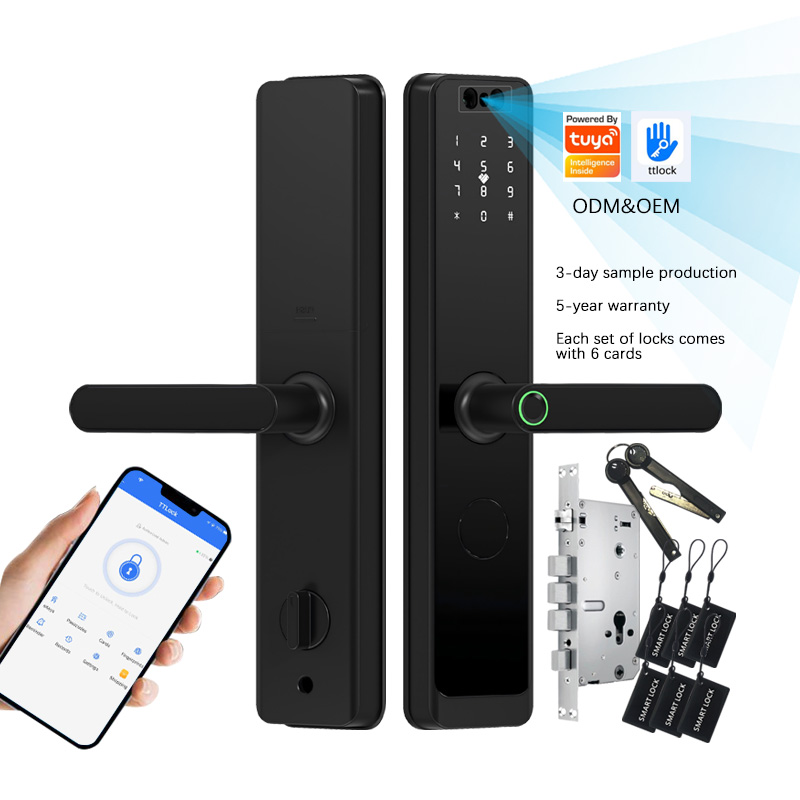 Black TTLock Smart Cylinder Lock with Wi-Fi &amp; Tuya App Cloud 3D Face Recognition Fingerprint Waterproof Front Door Home Security