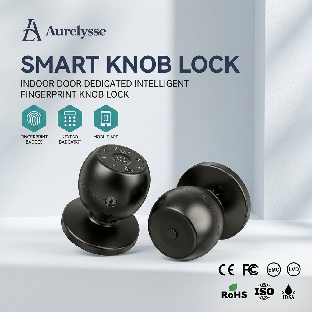 Aurelysse Round Ball Knob Smart Lock Fingerprint Password Digital Door Lock for Home Office Apartment Keyless Intelligent Lock