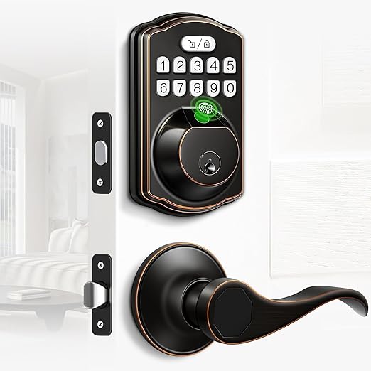 Keyless Entry Door Locks, Electronic Keypad Deadbolt Front Door Lock Set With Pull Handle Fingerprint Door Lock Wi