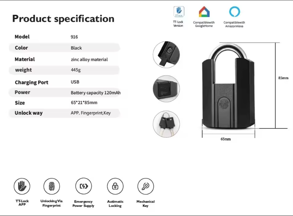 TTLock Rechargeable Fingerprint Key Smart Padlock with for Quick Unlock Zinc Alloy Shell IP67 Waterproof for 500,000 Uses