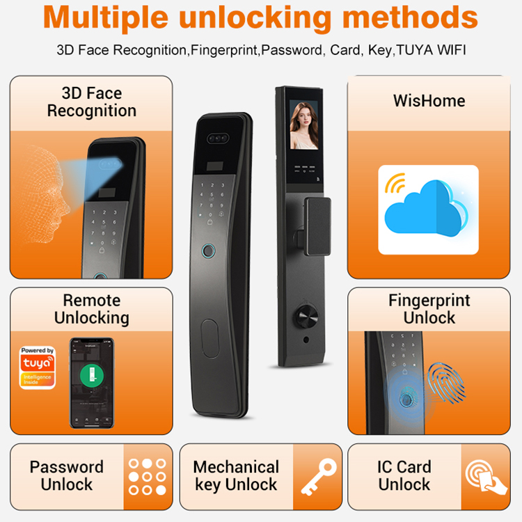 High Quality Smart Tuya Door Lock Fingerprint Password Remote Unlock Virtual Digital Password 3D Face Smart Lock