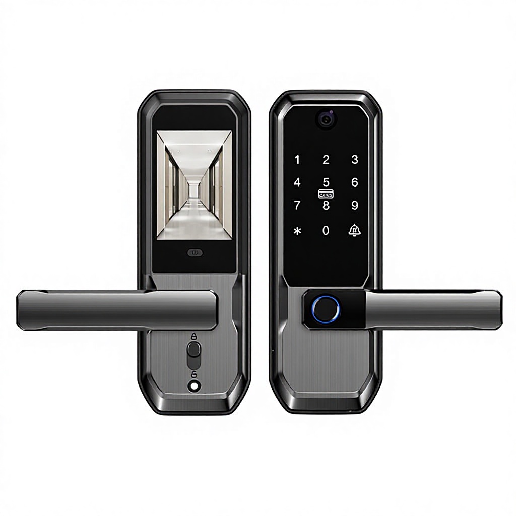 American-style Smart Door Lock One-Hand-Grip Unlock Deadbolt Visual Peephole Graffiti Wi-Fi Active Intercom Fingerprint Wooden