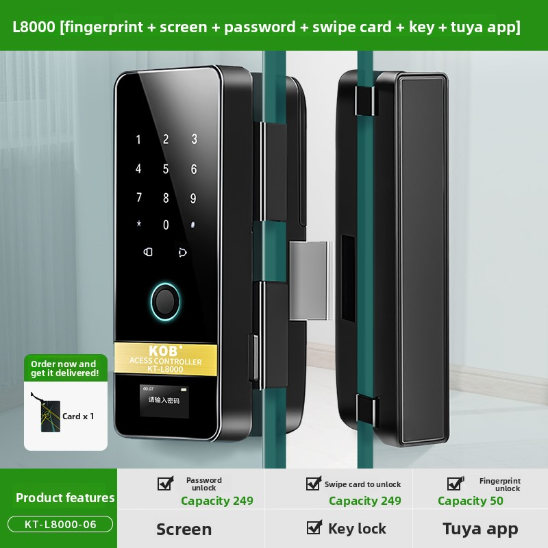 KOB KT-L8000 Glass Door Fingerprint Facial Recognition Smart Lock App Control-No Drilling Required Framed/Frameless