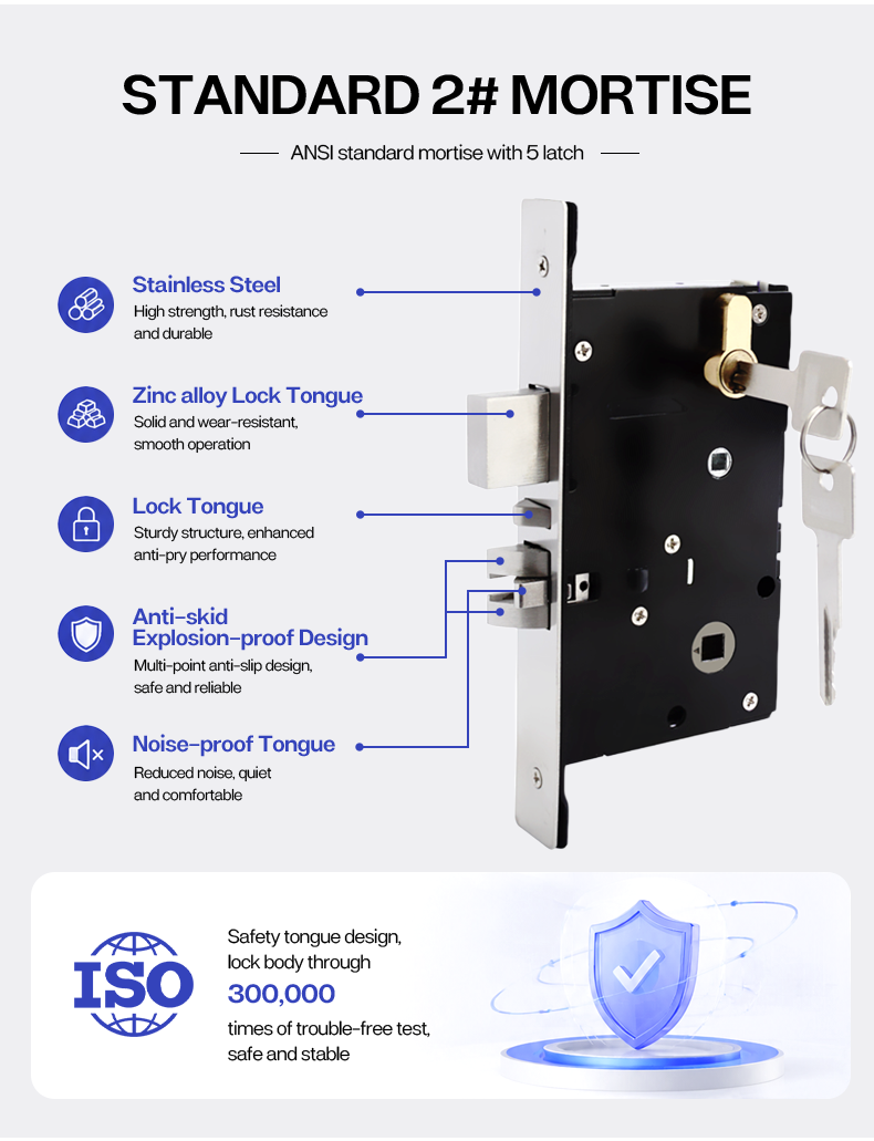 Polished Stainless Steel RFID Hotel Door Lock with Smart Card Keypad and Mechanical Key for Access Control System