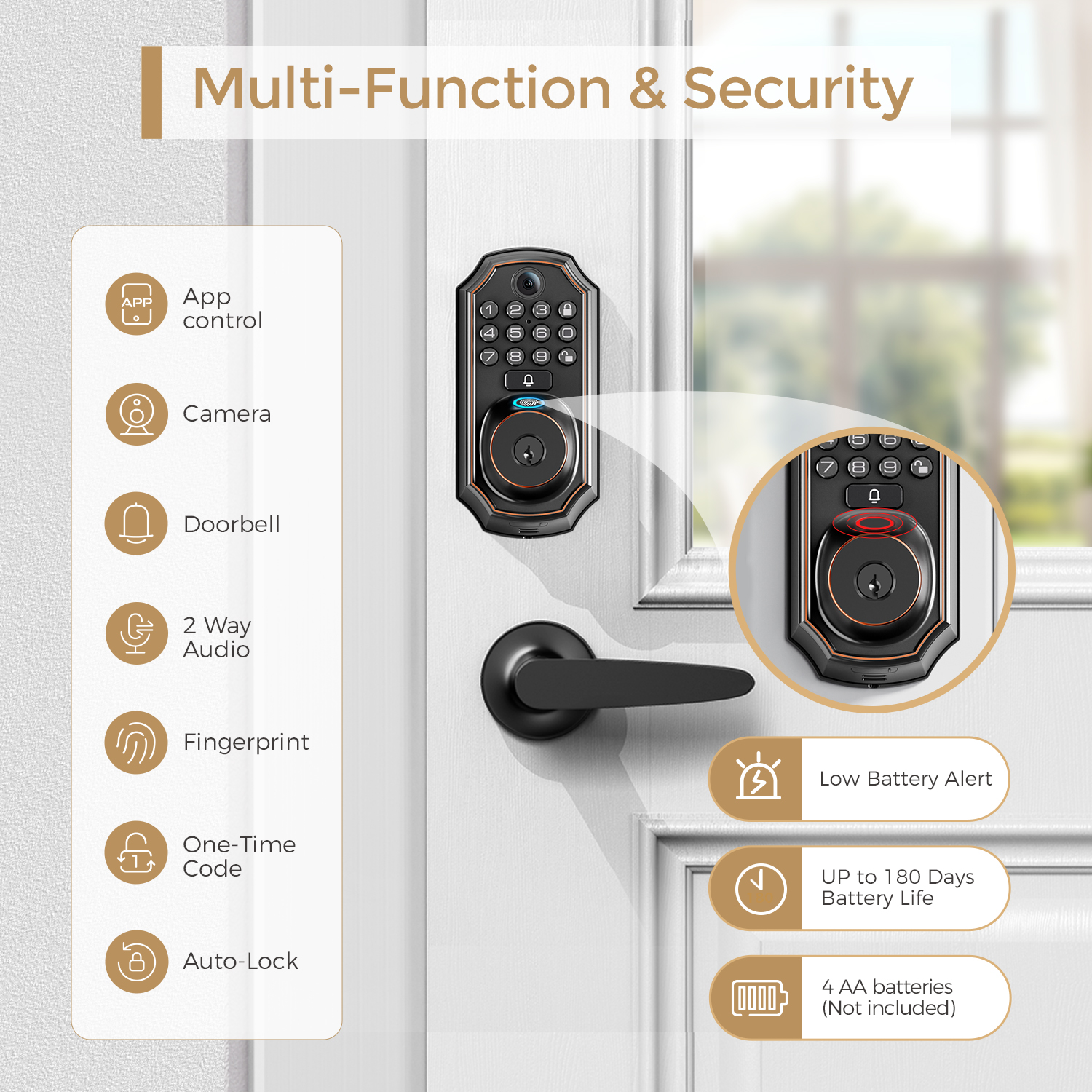 Arpha D289 2025 Tuya Wifi Smart Wood Door Lock Fingerprint Doorbell Remote Unlock Keyless Entry Deadbolt Smart Lock Camera