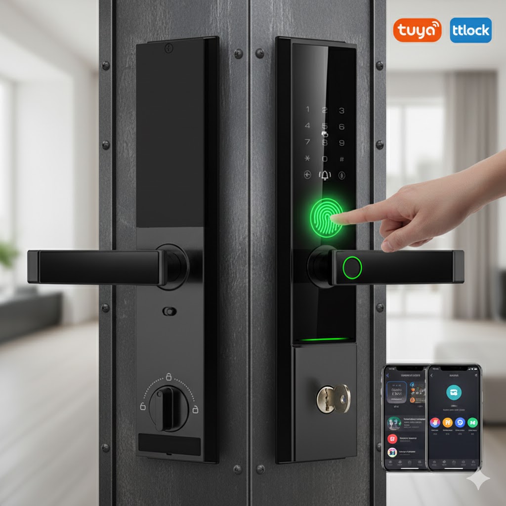 Matte Black Fingerprint Lock Tuya WiFi Smart Door Lock Aluminum Alloy Keyless Entry TTlock Bluetoo Cloud Memory Card Home