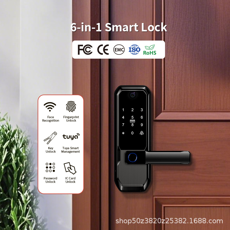 American-style Smart Door Lock One-Hand-Grip Unlock Deadbolt Visual Peephole Graffiti Wi-Fi Active Intercom Fingerprint Wooden