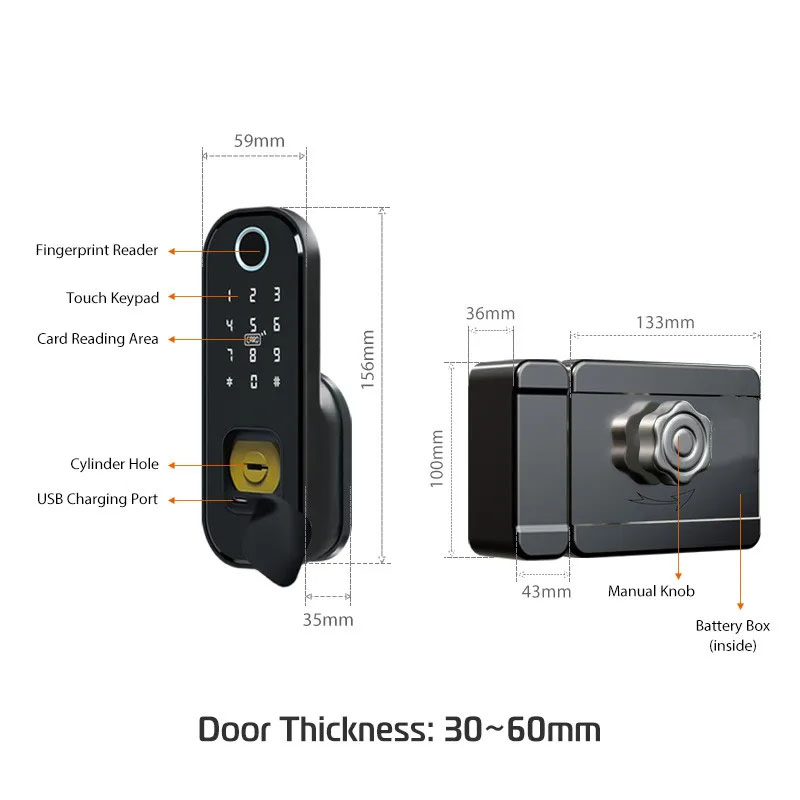 Rim Lock Waterproof Fingerprint Sensor Card Reader Electronic Smart Lock