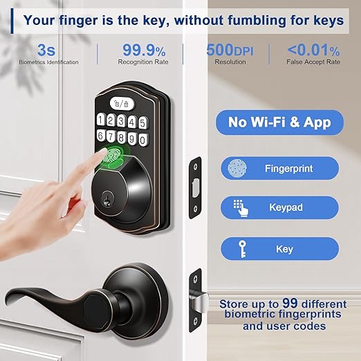 Keyless Entry Door Locks, Electronic Keypad Deadbolt Front Door Lock Set With Pull Handle Fingerprint Door Lock Wi