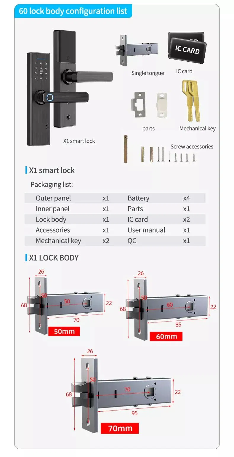 Hardware Digital Handle Smart Mortise Security High Quality Aluminum Apartment Fingerprint Wooden Plywood Patio Bathroom Solid Single Leaf Door Lock
