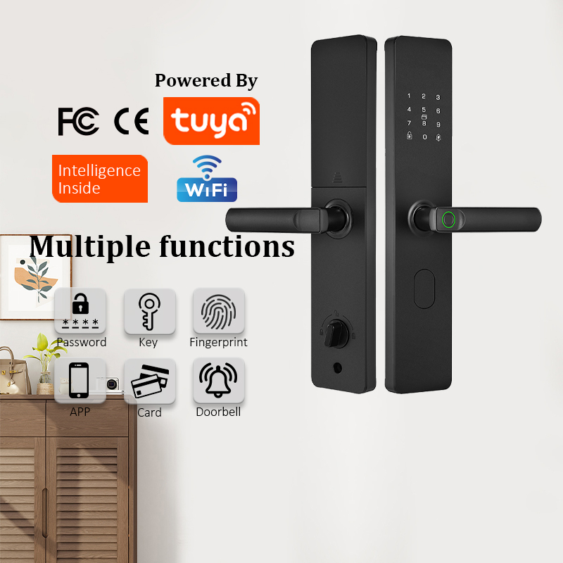 Hot Selling Aluminum Door Black Fingerprint RFID Smart Electric Lock with Card Memory and Tuya App Control