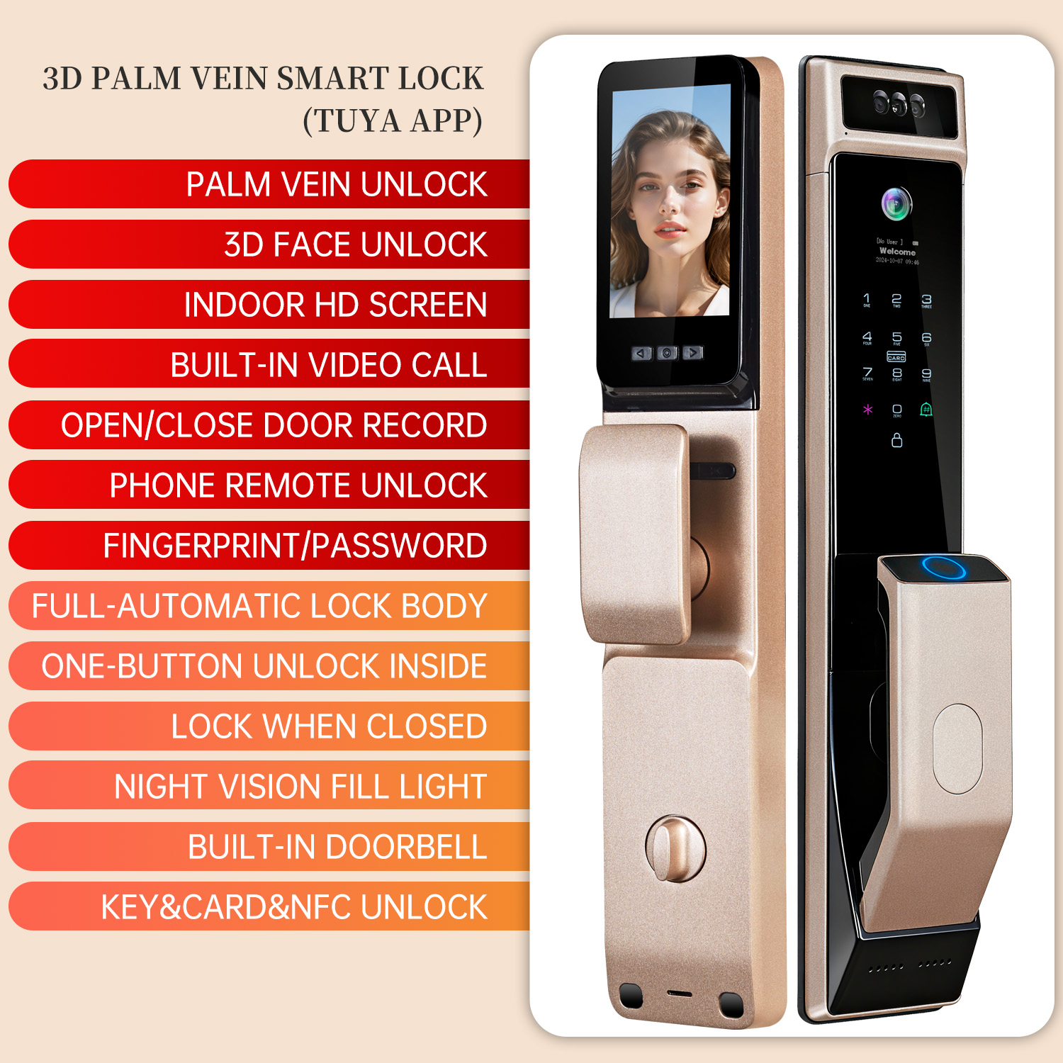 Palm Vein Intelligent Face Recognition Door Lock Digital Biometric Fingerprint Smart Door Lock with Camera