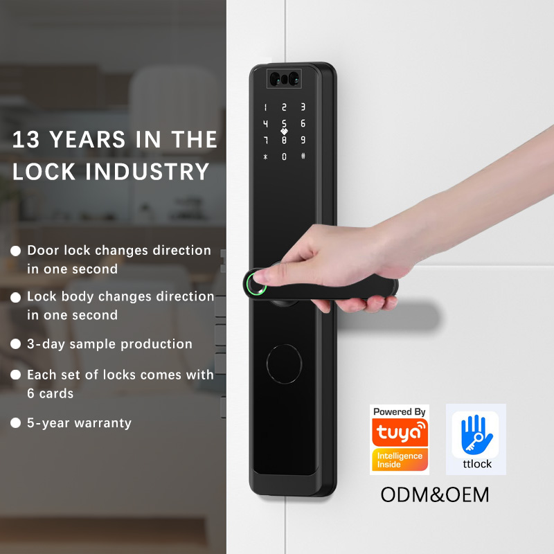 Black TTLock Smart Cylinder Lock with Wi-Fi &amp; Tuya App Cloud 3D Face Recognition Fingerprint Waterproof Front Door Home Security