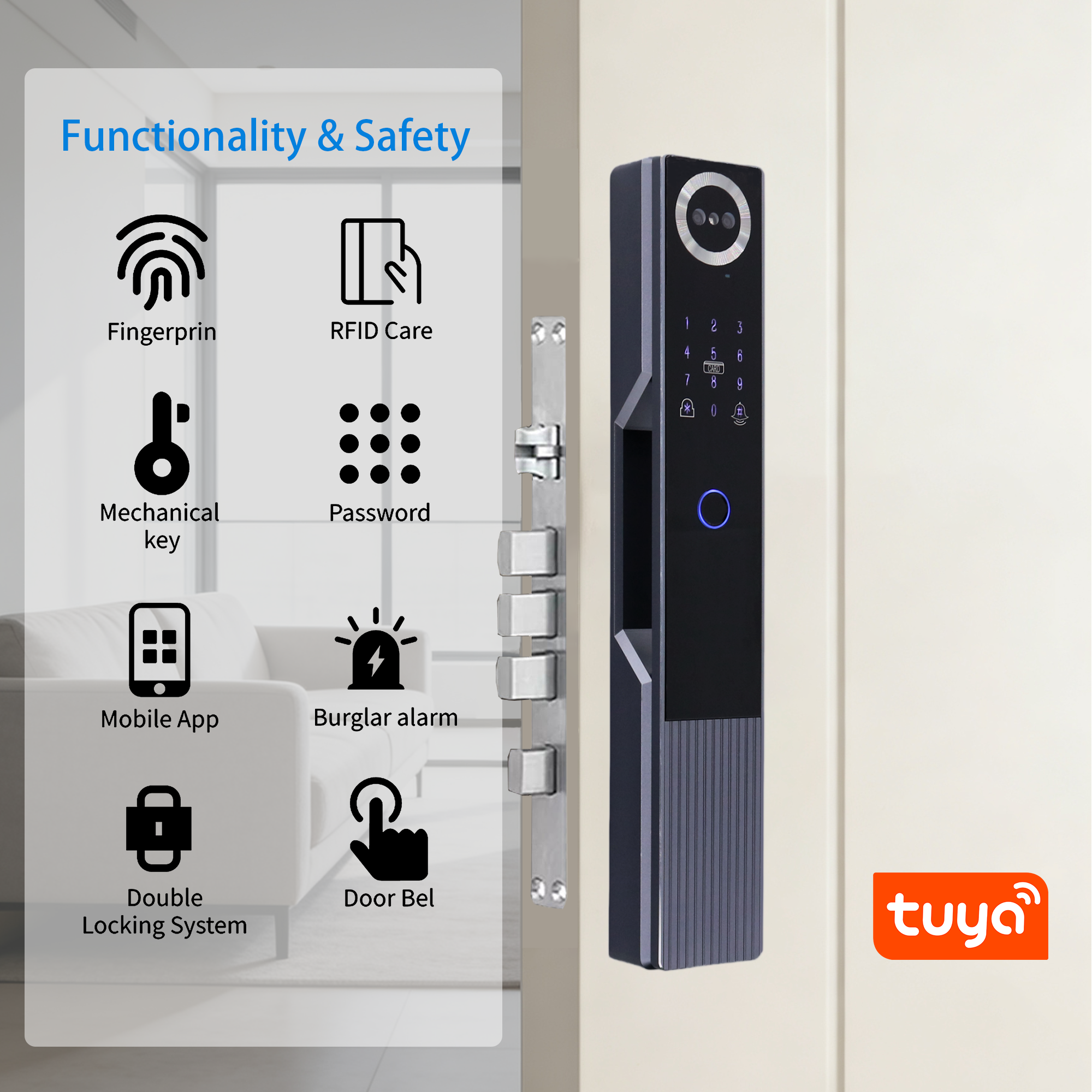 Home Smart Door Lock-Fully Automatic Wi-Fi Enabled 3D Face Recognition Fingerprint Biometric Tuya App Control Memory