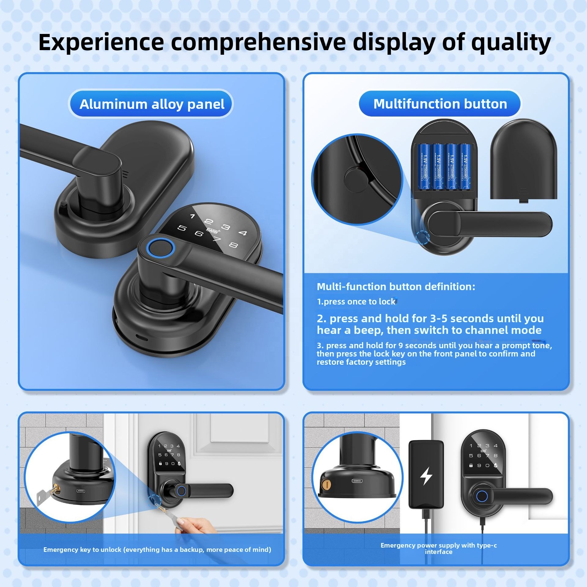 Biometric Fingerprint Door Lock Keyless Entry Lever Digital Keypad RFID Card Mechanical Key Type-C Emergency Power Memory Card