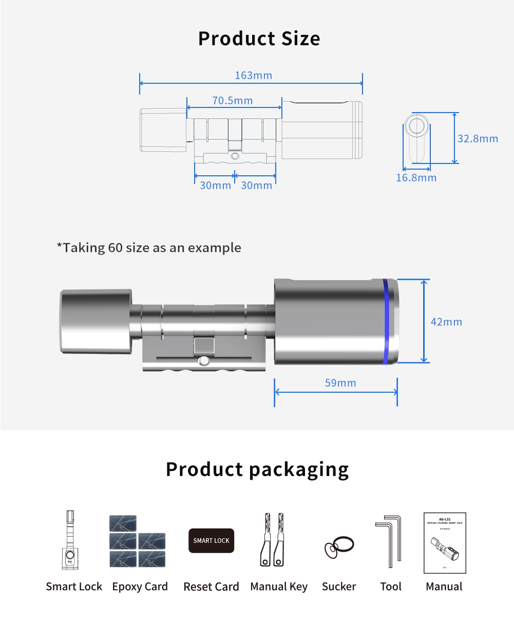 Tuya Smart Digital Cylinder Lock Aluminum Alloy Home Hotel Apartment Keyless Biometric Fingerprint Access Ble App Network