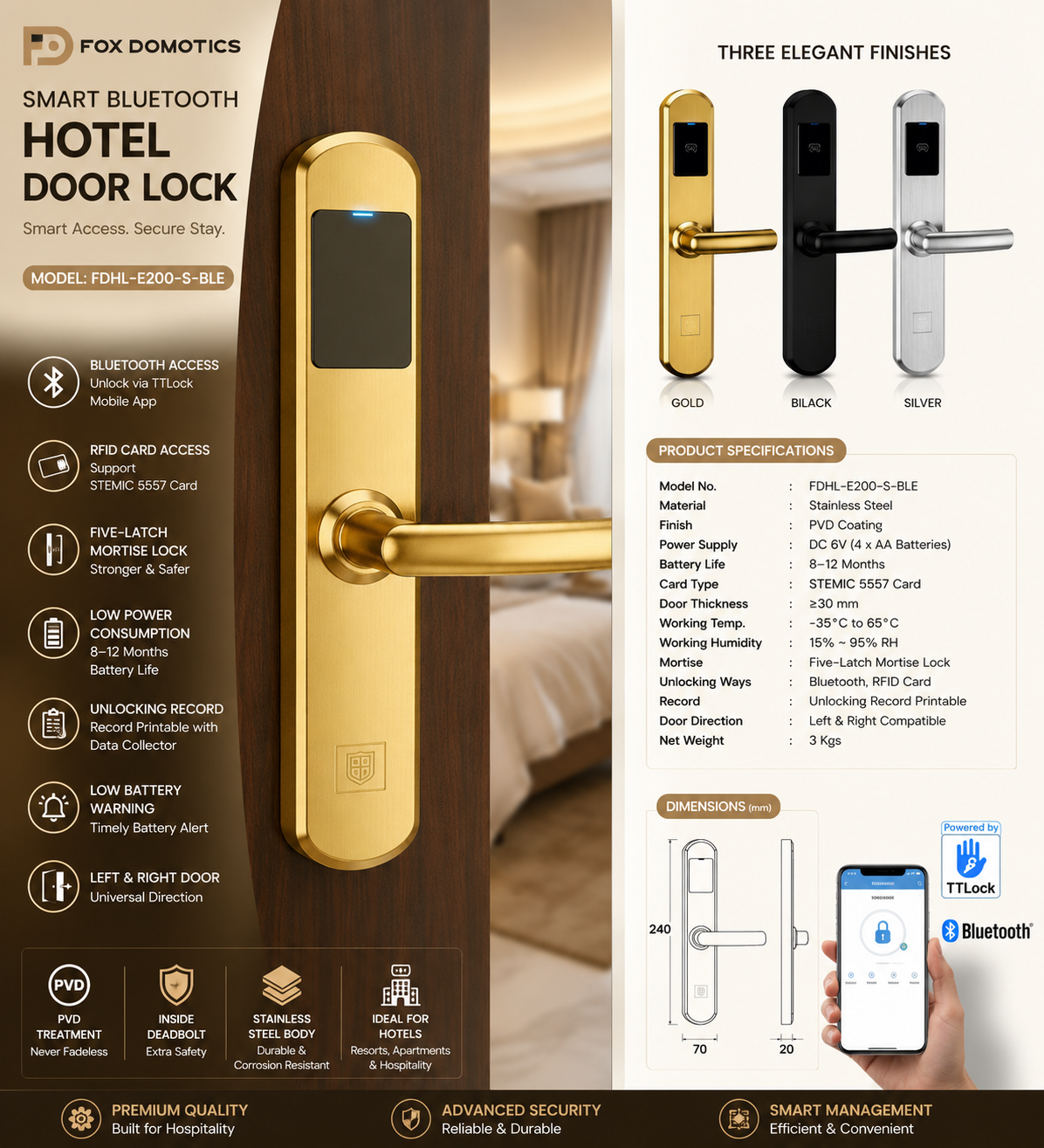Smart for Hotel Door Lock FDHL-E200-S-BLE Slim Stainless Steel RFID Keyless Digital TTLock Cloud Tuya App | Fox Domotics