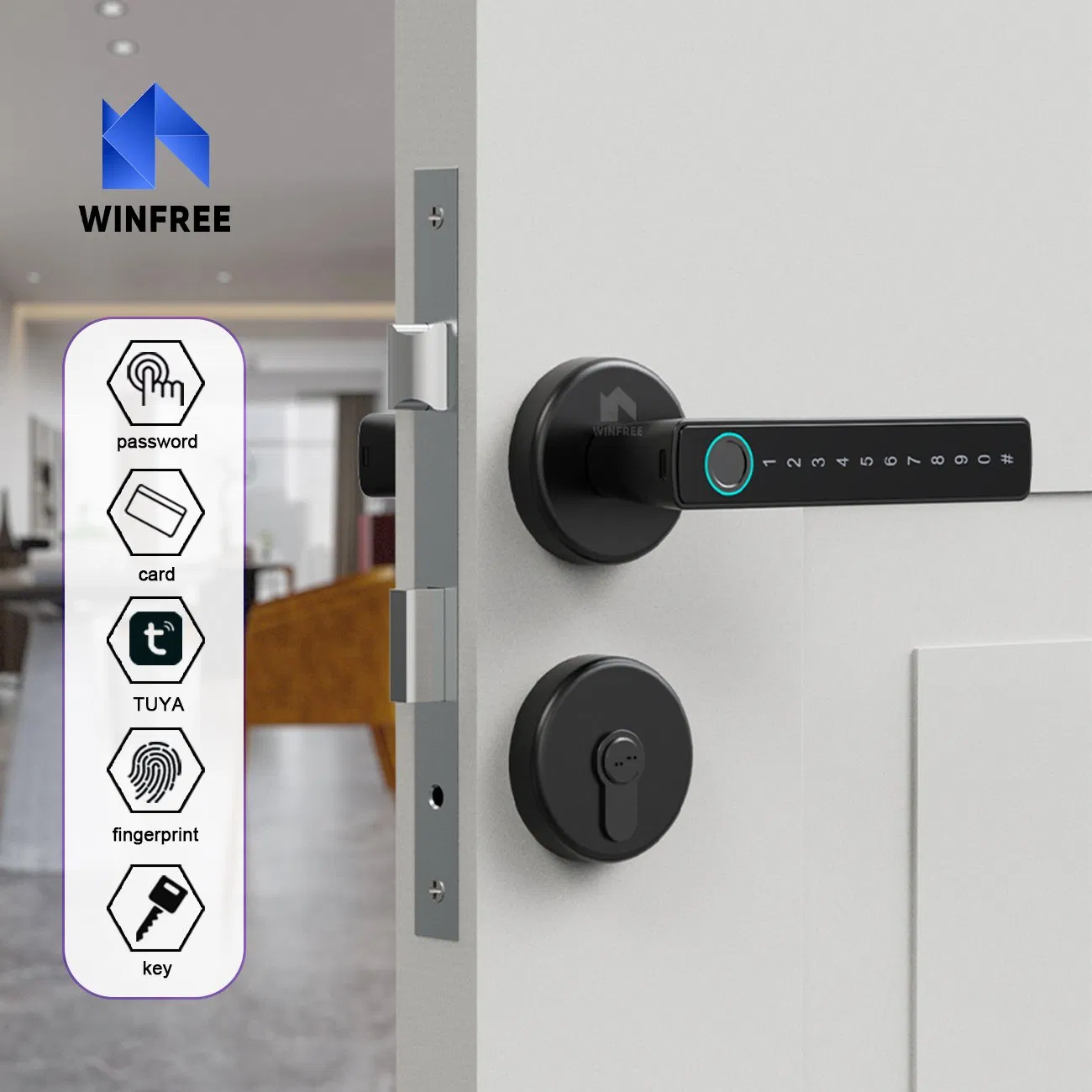 Wholesale Black Digital Biometric Mortise Lock Tuya Smart Door Lock with Fingerprint Handle