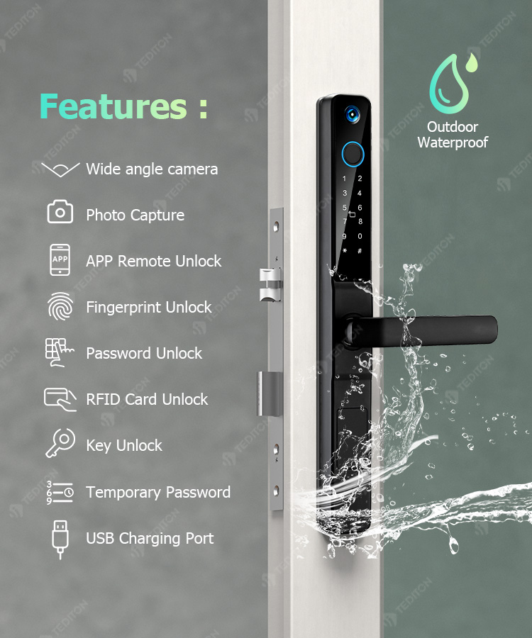 Keyless Entry Smart Door Lock Fingerprint With Camera Bell Handle Wifi Tuya Biometric Door Access Lock for Outdoor Sliding Door