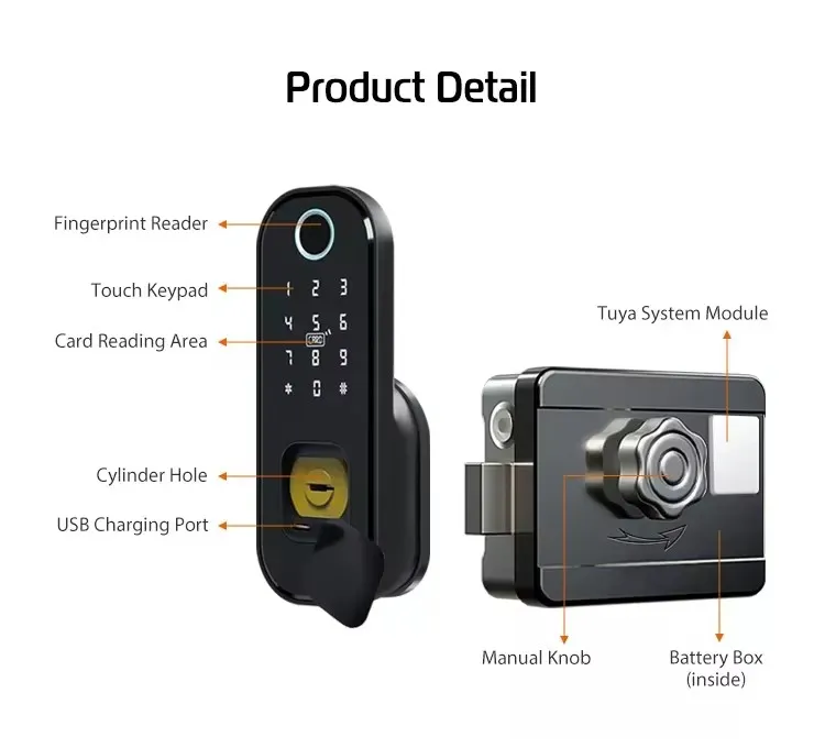 S812 Smart Electric Rim Door Lock with Tuya APP Control WiFi Outdoor Gate Door Double Sided Fingerprint Smart Lock