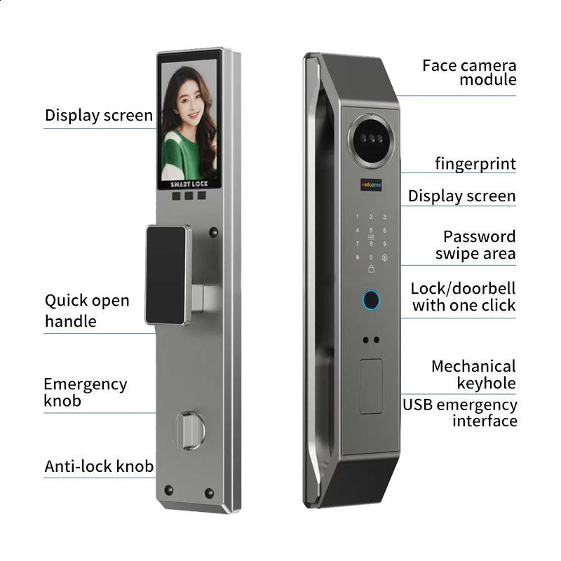 Home Exterior Front Door Luxury Digital Wifi Palm 3D Face Recognition Biometrics Fingerprint TTLock Tuya Smart Lock With Camera