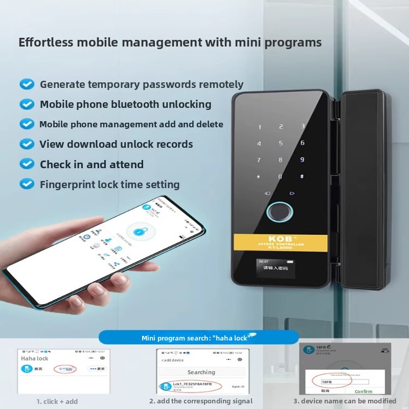 KOB KT-L8000 Glass Door Fingerprint Facial Recognition Smart Lock App Control-No Drilling Required Framed/Frameless
