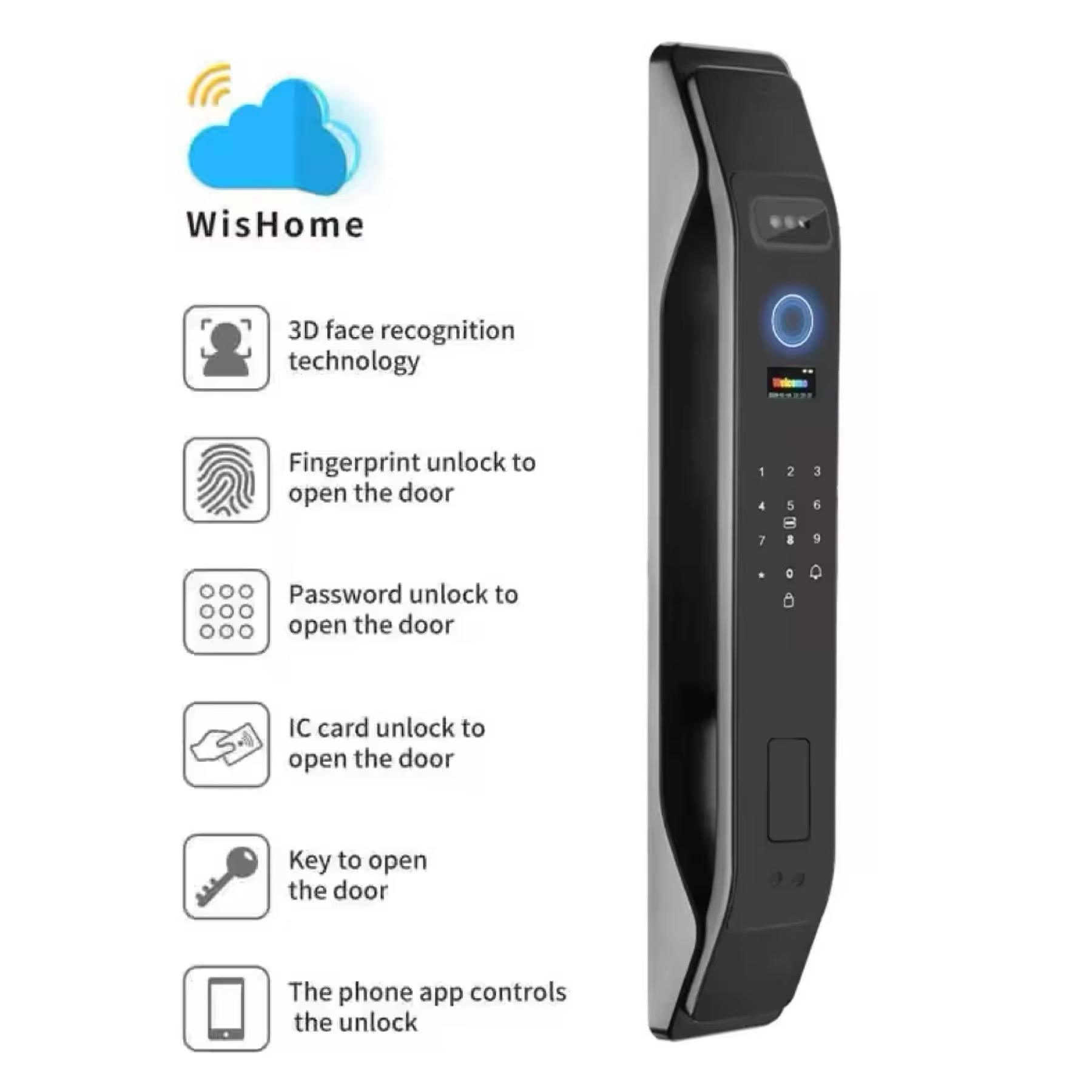 3D Face Recognition Smart Door Lock with Camera Biometric Fingerprint Security Electric Power Home &amp; Outdoor Use Bar Design