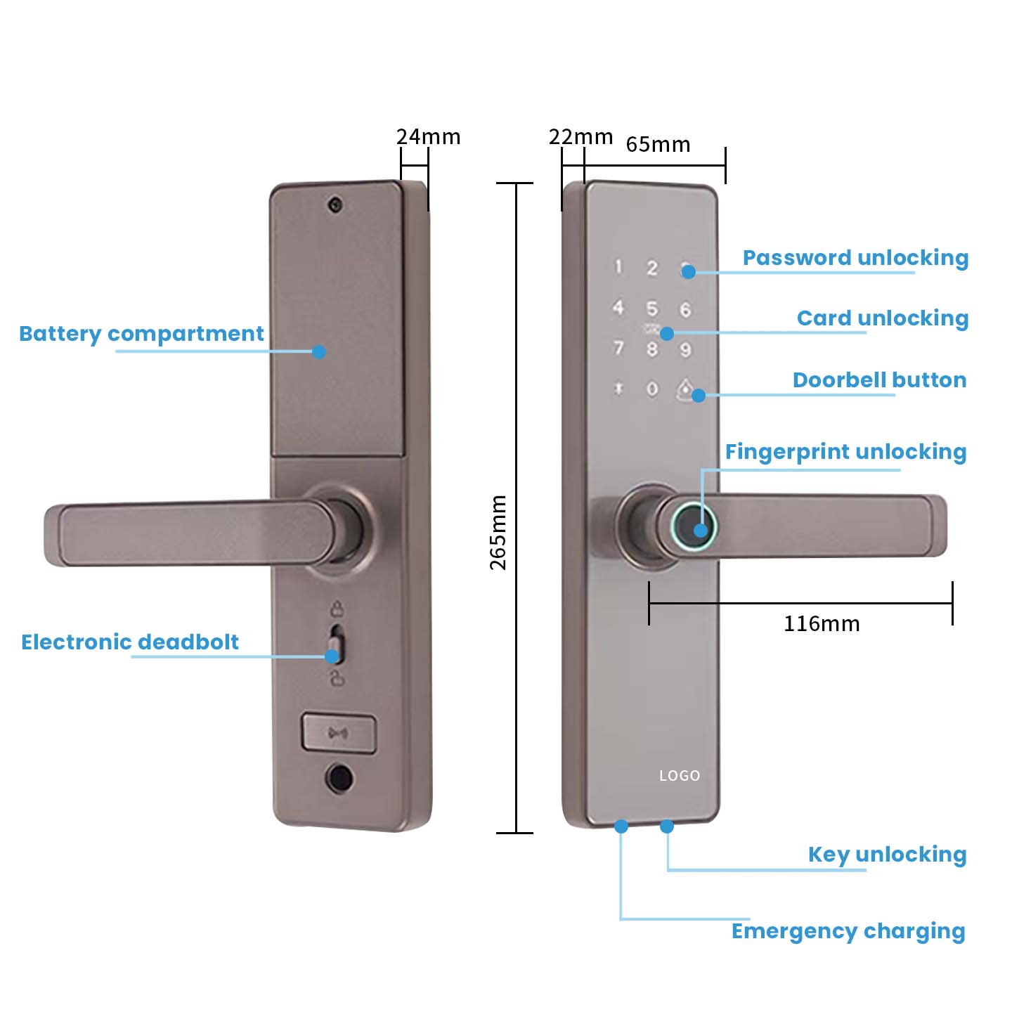 Smart Electric Fingerprint Password Card Safe Digital Wood Door Brown Handle Lock with Keypad for Studio Office Home Door