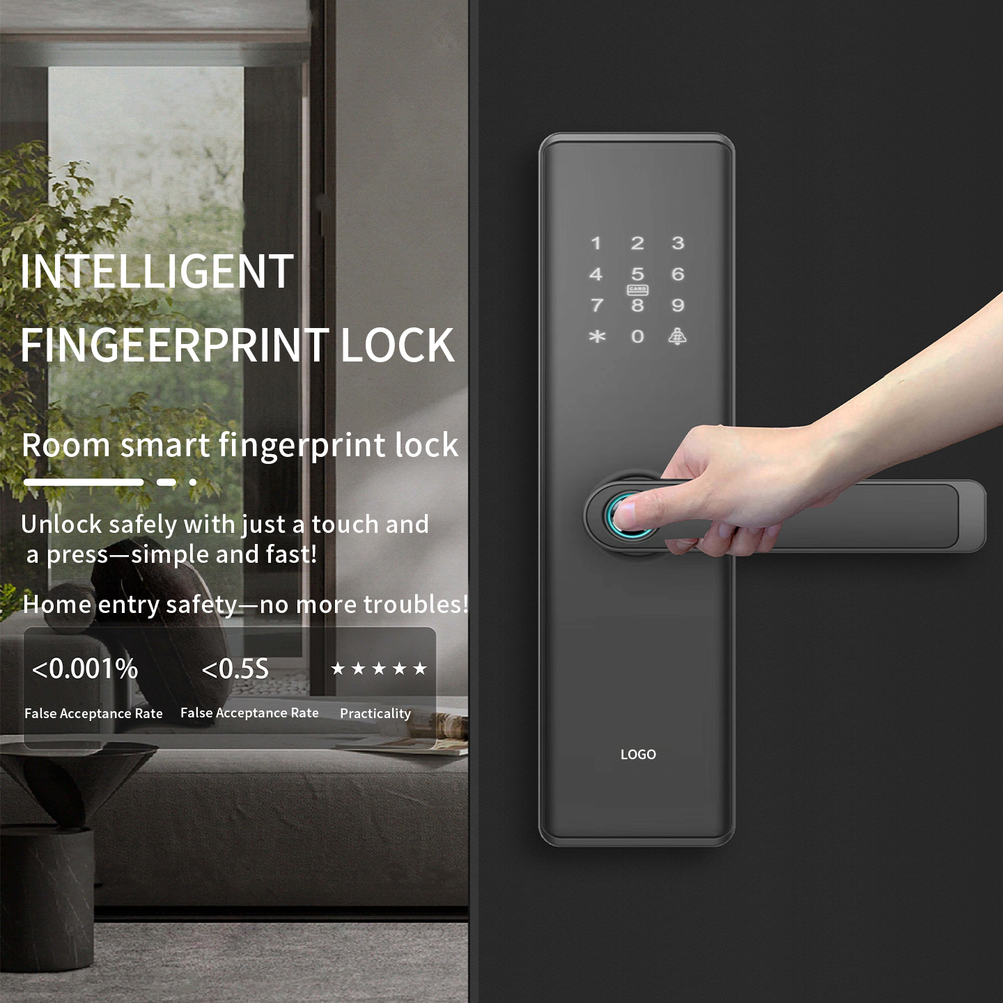 Fingerprint Key ID Card Password NFC Biometric Black Smart Door Lock for Home Hotel Apartment and Office Doors