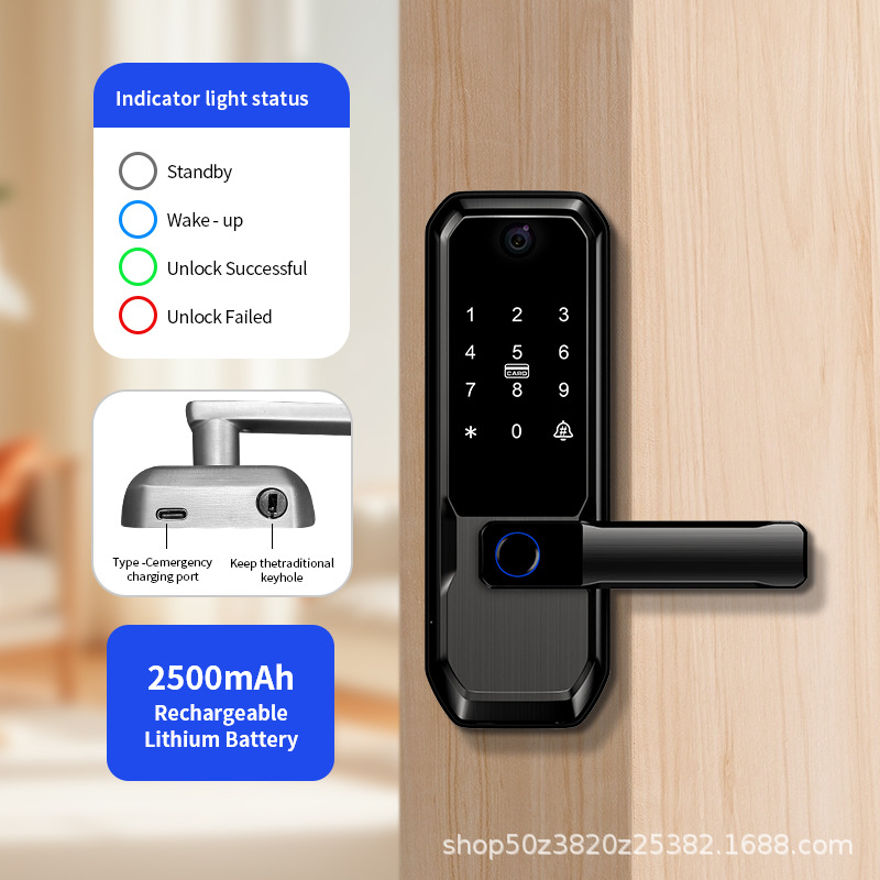 American-style Smart Door Lock One-Hand-Grip Unlock Deadbolt Visual Peephole Graffiti Wi-Fi Active Intercom Fingerprint Wooden