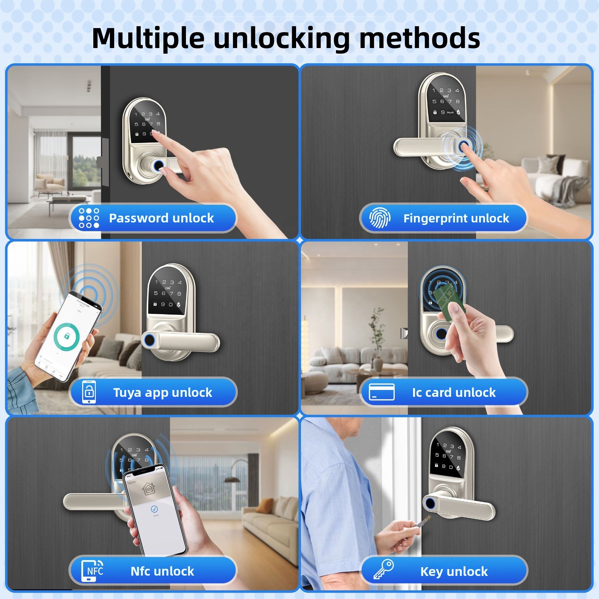 Biometric Fingerprint Door Lock Keyless Entry Lever Digital Keypad RFID Card Mechanical Key Type-C Emergency Power Memory Card